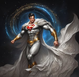 masterpiece, best quality, ultra-detailed, High detailed, Pure White Superman is depicted as a powerful being intertwined with pure light. He stands ready for battle, with hair made from fireworks that shine brilliantly, reminiscent of a spectacular nighttime display. This firework hair symbolizes his energy and strength, He is clad in a unified steel garment of black and gold, adorned with jade rivulets accessory. This attire provides him with formidable protection while also showcasing an elegant and sophisticated appearance. The jade decorations add a touch of natural beauty to his outfit, creating a mysterious aura, Superman's eyes are a deep, clear blue, representing his determination and resilience. He wears earrings, a neckerchief, and a hairpin, completing his distinctive style. These accessories highlight his personality and uniqueness, His physique is perfectly proportioned, making all his movements appear graceful and powerful. He is surrounded by beautiful blossoms, which add a sense of natural vitality to his presence. Additionally, his appearance is illustrated with algorithmic fractal art, visually representing his inner strength and beauty through complex and intricate patterns. Superman stands out with arching light reflections, making his surroundings glow fantastically. The vivid and vibrant colors make his image even more lively, while cinematic and aesthetic lighting gives him a mysterious atmosphere, All these elements are expressed with detailed textures, making the image of Pure White Superman feel realistic and impactful. His presence transcends that of a simple hero, appearing as a work of art, harmonizing light and power,
Negative prompt: ,DonMASKTexXL 