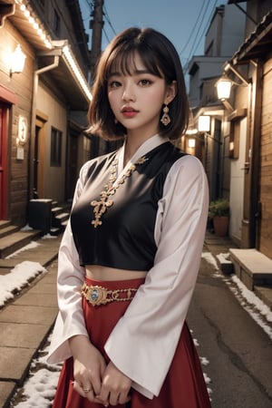 Best Quality, Aesthetics, Ultrafine, Complex Details, 4K, Animation Style, Outtis, Girl, Brown/Blonde, Black Eyes, Short Hair, Bangs, Jewels, Earrings, Piercing, Dark Skin, Big Chest, Cowboy Shot, Viewers, Alley, Outdoor, Red hanbok, Snowy Alley, Night,Breath, blush, 