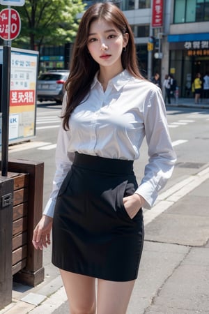 (Best quality, 8k, 32k, masterpiece, UHD:1.2), pretty korea woman photo, 1woman, Highest quality, highest quality, today's work look, daily look, everyday clothes, background is urban background, morning city, clean city, Korea, Korean lady, Korean beauty, Korean office worker