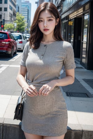 (Best quality, 8k, 32k, masterpiece, UHD:1.2), pretty korea woman photo, 1woman, Highest quality, highest quality, today's work look, daily look, everyday clothes, background is urban background, morning city, clean city, Korea, Korean lady, Korean beauty, Korean office worker