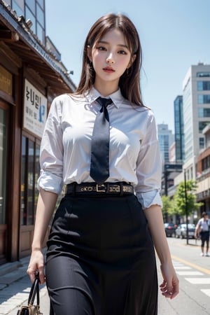 (Best quality, 8k, 32k, masterpiece, UHD:1.2), pretty korea woman photo, 1woman, Highest quality, highest quality, today's work look, daily look, everyday clothes, background is urban background, morning city, clean city, Korea, Korean lady, Korean beauty, Korean office worker