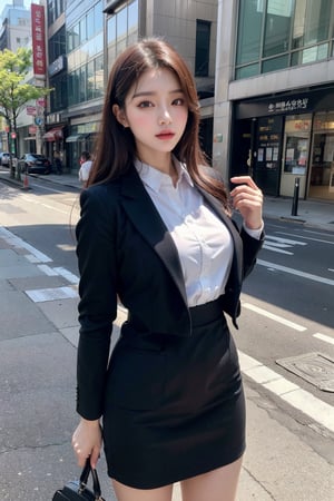 (Best quality, 8k, 32k, masterpiece, UHD:1.2), pretty korea woman photo, 1woman, Highest quality, highest quality, today's work look, daily look, everyday clothes, background is urban background, morning city, clean city, Korea, Korean lady, Korean beauty, Korean office worker