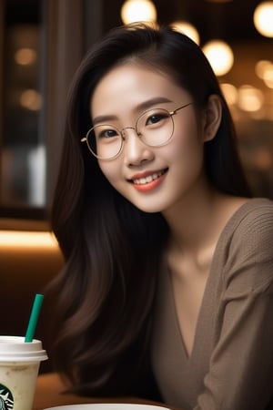 A masterpiece of a young Asian girl, 20 years old, with a slender physique and flawless face. She sits elegantly at a cozy dining table in a Starbucks cafe, surrounded by warm lighting. Her long hair cascades down her back, framing her delicate features. Glossy lips curve into an alluring smile, while expressive black eyes sparkle behind stylish eyeglasses. The overall composition is visually stunning, with a depth of field that draws the viewer's attention to her perfection.