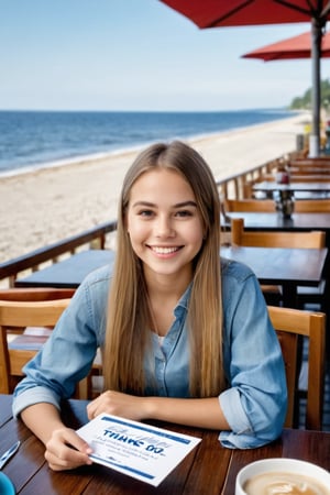 Realistic mid shot photo of an American-Finnish pretty young girl wearing a casual attire, with long straight hair sitting at a breakfast table in an outdoor restaurant over rice meal and coffee, hands holding a special sign board with text saying "Thanks for 100", (((photorealism:1.4))), best quality, photography QUALITY, 8k, smile while mouth closed, hair ribbon, overlooking the sea shoreline, extremely realistic 