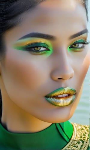 (Beauty photography:1.3), detailed skin texture, textured skin, visible skin detail, radiant skin, Bronze skin, green eyeshadow, juicy lips, Long Eyelashes. (To raise the chin:1.3),(overhead shot:1.5),(side shot:1.3)1 photograph, detailed lips, portrait, 1 female, (black hair), black eyes, golden noble dress, noble outfit (( by the river background)), masterpiece, (dynamic pose)), Detailed face, detailed eyes, soft colors, (high-resolution:1.2)