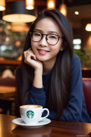 A masterpiece of a young Asian girl, 20 years old, with a slender physique and flawless face. She sits elegantly at a cozy dining table in a Starbucks cafe, surrounded by warm lighting. Her long hair cascades down her back, framing her delicate features. Glossy lips curve into an alluring smile, while expressive black eyes sparkle behind stylish eyeglasses. The overall composition is visually stunning, with a depth of field that draws the viewer's attention to her perfection.