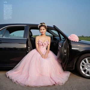 Full body shot of a small skinny pretty 20-year-old Asian waif like girl head to toe wearing head flowers and detailed pink ball long gown, long brown updo hair, shy smiles, legs together, hands on lap, casually reclining in front view deep in long black car with flower decorations. Magazine cover with text saying "Evening gown",  More Reasonable Details