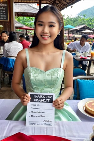 Realistic mid shot photo of an Asian pretty young girl wearing ball gown, with long straight hair sitting at a breakfast table in an outdoor restaurant over rice meal and coffee, hands holding a signboard with text saying "Thanks for 100" on signboard, (((photorealism:1.4))), best quality, photography QUALITY, 8k, small smile while mouth closed, hair clip, overlooking the sea