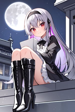 score_9, score_8_up, score_7_up, 1girl, suigintou, solo, long hair, red eyes, dress, white background, boots, long sleeves, grey hair, hairband, black footwear, frills, bangs, black dress with purple highlights and drawing large white crosses on the edges, smiling, closed mouth, black ribbon, high quality, late, black neck ribbon is tied around her neck, wearing tight black boots with high heels, sitting quietly on the edge of a building watching the full moon, night with a star, full moon, 