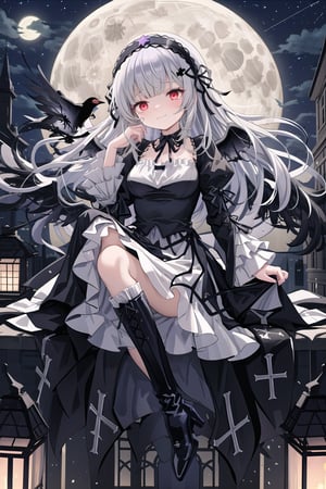 score_9, score_8_up, score_7_up, women, suigintou, solo, long hair, red eyes half closed, expression of sadness, tears, crying, dress, boots, long sleeves, grey hair, gothic hairband, black footwear, frills, bangs, black long dress , dress with drawing large white crosses on the edges, gothic dress, confident smile, closed mouth, black ribbon, high quality, late, black neck ribbon is tied around her neck, wearing tight boots, full leg boots, with high heels, clothes with purple highlights, black plumage, wings with black plumage, sitting quietly on the edge of a building watching the full moon, night with a star, full moon, wings, black plumage, flower hair ornament, black wings, sui1