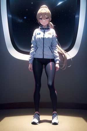 image quality (masterpiece, best quality, highhighsmasterpiece, photorealistic, highres, Perfect details,ultra-detailed, (4k) ,excellent definition, vivid colors, )

Character: (SMDEV2,1girl, solo, young woman, Light brown hair, shiny hair, long ponytail style hairstyle, messy hair, hair between the eyes, happy look, light blue eyes, round eyes, very long ponytail, long hair very long hair, exaggeratedly long hair ), 

Clothes: ( astronaut suit(with fabric patches, very tight full body suit,  ),

open jacket (white, with patches, very loose, with folds, jacket ),

Sports shoes (white with black sizes, black high sole, tennis shoes, ) ),

Background: (standing inside a spaceship with machinery and a window showing space with stars and the earth in the background )
