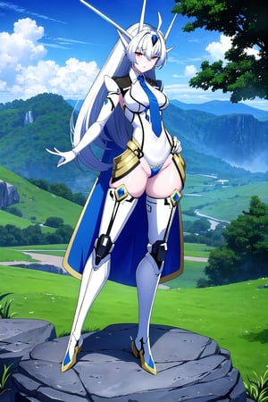 Here's a high-quality image prompt based on your input:

In a majestic mountainous landscape reminiscent of Siam, a mecha musume with exaggeratedly long hair and two-toned locks flows through the air. The character dons a sleek full-body suit adorned with armor plating and a crotch plate, with rounded foot tips. Multiple floating swords, each with only one edge and a subtle curvature, hover beside him in groups of three on either side. The swords maintain a deliberate separation from their handles, creating an intriguing visual dynamic.

The mecha musume's glowing skin and bright eyes seem almost ethereal against the vibrant blue sky dotted with fluffy clouds. In the distance, lush forests with leafy trees, rocks, moss, and various plants stretch towards the horizon. To complete this breathtaking scene, the character wears white gloves, a flowing skirt, thigh-highs, long sleeves, and a stylish necktie that subtly hints at a darker persona beneath the surface.,MKO,floating weapon,blade, perfect outline, perfect drawing, perfect looking image