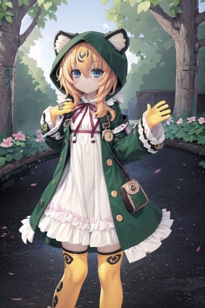 an SMD doll with a smile made  of shiny latex waving, long hair, ocelomeh, dark skin, animal hands, animal ears,cat ears,  slit pupils, tail, multicolored hair, blonde hair and yellow, thighhighs,1girl,blue hair,blue eyes,raincoat,hood up,open green coat,lop rabbit ears,detached sleeves,white dress,rabbit puppet,looking at viewer,(🌁),green boots,pink ribbon,SSL, High resolution, retouching, cara perfecta,anime,h4l0w3n5l0w5tyl3DonML1gh7,JessicaWaifu, gek,1face,flaming eye