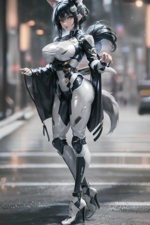 A futuristic warrior stands confidently, her long, raven-black hair streaked with electric blue tips cascading down her back. Wolf ears protrude from her temples, framing her striking features. A sleek, high-tech bodysuit hugs her physique, featuring white and blue accents with black outlines, like cityscapes at dusk. High heels gleam on her feet as she wears a matching jacket, the overall design evoking a futuristic heroine ready to take on the world.