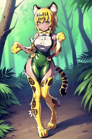 an SMD doll with a smile made  of shiny latex waving, long hair, wearing a pompous dress  made of polished latex, wearing very tight high-heeled boots, soles and heels made of polished latex, long, leafy forest in the background, ocelomeh, dark skin, animal hands, animal ears, slit pupils, tail, multicolored hair, blonde hair and yellow, Serval, animal ears, short hair, serval print, tail, gloves, shirt, bow, bowtie,elbow gloves, print bow, print bowtie, sleeveless, skirt, white shirt, sleeveless shirt, bare shoulders,serval