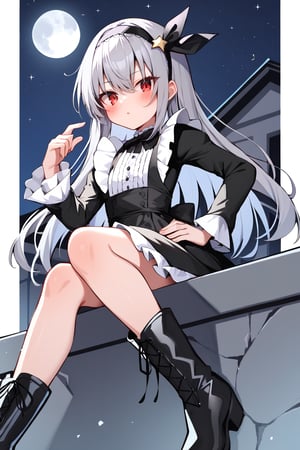 score_9, score_8_up, score_7_up, 1girl, suigintou, solo, long hair, red eyes, dress, white background, boots, long sleeves, grey hair, hairband,black footwear, frills, bangs, looking at viewer, black dress, blush, hand on hip, black ribbon, high quality, late, sitting quietly on the edge of a building watching the full moon, night with a star, full moon