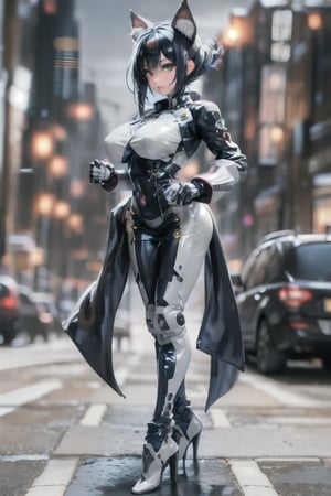 A futuristic warrior stands confidently, her long, raven-black hair streaked with electric blue tips cascading down her back. Wolf ears protrude from her temples, framing her striking features. A sleek, high-tech bodysuit hugs her physique, featuring white and blue accents with black outlines, like cityscapes at dusk. High heels gleam on her feet as she wears a matching jacket, the overall design evoking a futuristic heroine ready to take on the world.