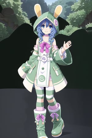 an SMD doll with a smile made  of shiny latex waving, long hair, wearing a pompous dress  made of polished latex, wearing very tight high-heeled boots, soles and heels made of polished latex, long, leafy forest in the background, plutia, striped, bow, ribbon, hair bow, single braid, thighhighs,1girl,blue hair,blue eyes,raincoat,hood up,open green coat,lop rabbit ears,detached sleeves,white dress, rabbit puppet, looking at viewer,(🌁),green boots,pink ribbon