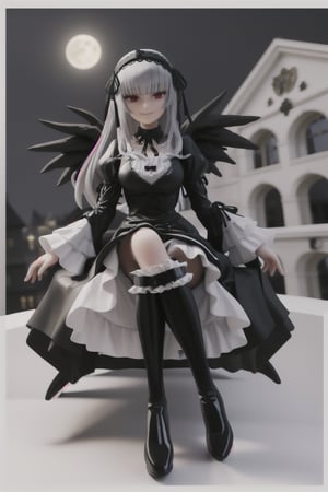 score_9, score_8_up, score_7_up, women, suigintou, solo, long hair, red eyes half closed, arrogant smile, dress, boots, long sleeves, grey hair, gothic hairband, black footwear, frills, bangs, black long dress , dress with drawing large white crosses on the edges, gothic dress, smiling, confident smile, closed mouth, black ribbon, high quality, late, black neck ribbon is tied around her neck, wearing tight boots, full leg boots, with high heels, clothes with purple highlights ,3D, pvc, figma, render, high lights, light aura, wings, black plumage, wings with black plumage, sitting quietly on the edge of a building watching the full moon, night with a star, full moon, wings, black plumage, flower hair ornament, black wings 