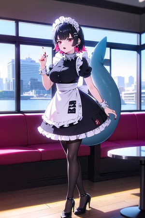 image quality (masterpiece, best quality, 1girl, solo, highhighsmasterpiece, photorealistic, highres, Perfect details,ultra-detailed, (4k) ,excellent definition, vivid colors, ),

Character: (1girl, Ellen-Joe, shark girl, tail, shark tail, shark tail black color, tail with graffiti, caudal fin, tail fin, tail with bite, caudal fin with a bite, shark caudal fin , pointed teeth, sharp teeth, red nails, red eyes, mole, mole under eye, short hair, black hair, multicolored hair, two-tone hair, colored inner hair, colored inner hair red ),

Clothes:( maid outfit, maid dress , dress, maid, puffy short sleeves, wrist cuffs, maid headdress, apron, frills, maid outfit, frilled dress, pantyhose, rhombus pattern pantyhose, gray pantyhose, black pantyhose, medium breasts, black footwear, shoes with red soles, high heels, high heels with red soles, bangs, necklace, metal necklace, spiked collar, spiked necklace, piercing, ear piercing, spikes ),

Background: (standing in a restaurant with tables in the background and a window where you can see a city and people walking, full body, )
