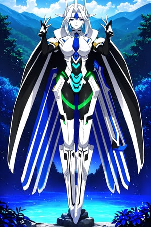 Here's a high-quality image prompt based on your input:

In a majestic mountainous landscape reminiscent of Siam, a mecha musume with exaggeratedly long hair and two-toned locks flows through the air. The character dons a sleek full-body suit adorned with armor plating and a crotch plate, with rounded foot tips. Multiple floating swords, each with only one edge and a subtle curvature, hover beside him in groups of three on either side. The swords maintain a deliberate separation from their handles, creating an intriguing visual dynamic.

The mecha musume's glowing skin and bright eyes seem almost ethereal against the vibrant blue sky dotted with fluffy clouds. In the distance, lush forests with leafy trees, rocks, moss, and various plants stretch towards the horizon. To complete this breathtaking scene, the character wears white gloves, a flowing skirt, thigh-highs, long sleeves, and a stylish necktie that subtly hints at a darker persona beneath the surface.,CRF,corruption,dark persona,MKO,floating weapon,blade