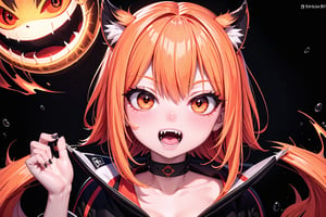 sharp teeth, High resolution, retouching, sharp smile on the mask, orange eyes, orange hair, cara perfecta,anime,h4l0w3n5l0w5tyl3DonML1gh7,JessicaWaifu, gek,fangs,1face,flaming eye