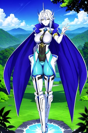 Here's a high-quality image prompt based on your input:

In a majestic mountainous landscape reminiscent of Siam, a mecha musume with exaggeratedly long hair and two-toned locks flows through the air. The character dons a sleek full-body suit adorned with armor plating and a crotch plate, with rounded foot tips. Multiple floating swords, each with only one edge and a subtle curvature, hover beside him in groups of three on either side. The swords maintain a deliberate separation from their handles, creating an intriguing visual dynamic.

The mecha musume's glowing skin and bright eyes seem almost ethereal against the vibrant blue sky dotted with fluffy clouds. In the distance, lush forests with leafy trees, rocks, moss, and various plants stretch towards the horizon. To complete this breathtaking scene, the character wears white gloves, a flowing skirt, thigh-highs, long sleeves, and a stylish necktie that subtly hints at a darker persona beneath the surface.,CRF,corruption,dark persona