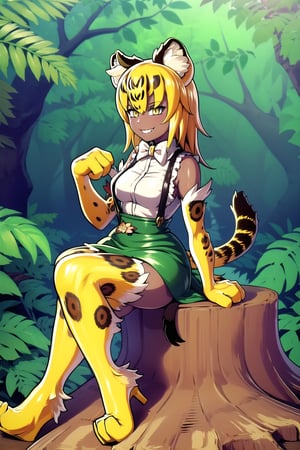 an SMD doll with a smile made  of shiny latex waving, long hair, wearing a pompous dress  made of polished latex, wearing very tight high-heeled boots, soles and heels made of polished latex, long, leafy forest in the background, ocelomeh, dark skin, animal hands, animal ears, slit pupils, tail, multicolored hair, blonde hair and yellow, Serval, animal ears, short hair, serval print, tail, gloves, shirt, bow, bowtie,elbow gloves, print bow, print bowtie, sleeveless, skirt, white shirt, sleeveless shirt, bare shoulders,serval