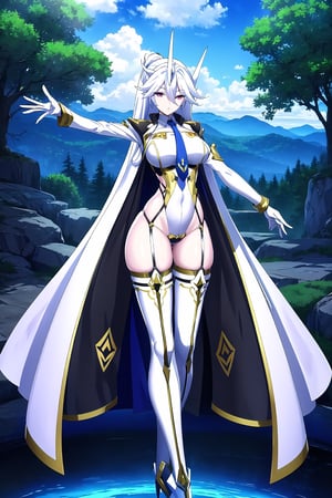 Here's a high-quality image prompt based on your input:

In a majestic mountainous landscape reminiscent of Siam, a mecha musume with exaggeratedly long hair and two-toned locks flows through the air. The character dons a sleek full-body suit adorned with armor plating and a crotch plate, with rounded foot tips. Multiple floating swords, each with only one edge and a subtle curvature, hover beside him in groups of three on either side. The swords maintain a deliberate separation from their handles, creating an intriguing visual dynamic.

The mecha musume's glowing skin and bright eyes seem almost ethereal against the vibrant blue sky dotted with fluffy clouds. In the distance, lush forests with leafy trees, rocks, moss, and various plants stretch towards the horizon. To complete this breathtaking scene, the character wears white gloves, a flowing skirt, thigh-highs, long sleeves, and a stylish necktie that subtly hints at a darker persona beneath the surface.,MKO,floating weapon,blade, perfect outline, perfect drawing, perfect looking image