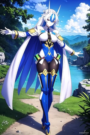 Here's a high-quality image prompt based on your input:

In a majestic mountainous landscape reminiscent of Siam, a mecha musume with exaggeratedly long hair and two-toned locks flows through the air. The character dons a sleek full-body suit adorned with armor plating and a crotch plate, with rounded foot tips. Multiple floating swords, each with only one edge and a subtle curvature, hover beside him in groups of three on either side. The swords maintain a deliberate separation from their handles, creating an intriguing visual dynamic.

The mecha musume's glowing skin and bright eyes seem almost ethereal against the vibrant blue sky dotted with fluffy clouds. In the distance, lush forests with leafy trees, rocks, moss, and various plants stretch towards the horizon. To complete this breathtaking scene, the character wears white gloves, a flowing skirt, thigh-highs, long sleeves, and a stylish necktie that subtly hints at a darker persona beneath the surface.,MKO,floating weapon,blade, perfect outline, perfect drawing, perfect looking image