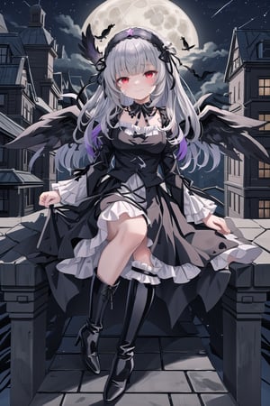 score_9, score_8_up, score_7_up, women, suigintou, solo, long hair, red eyes half closed, expression of sadness, tears, crying, dress, boots, long sleeves, grey hair, gothic hairband, black footwear, frills, bangs, black long dress , dress with drawing large white crosses on the edges, gothic dress, smiling, confident smile, closed mouth, black ribbon, high quality, late, black neck ribbon is tied around her neck, wearing tight boots, full leg boots, with high heels, clothes with purple highlights, black plumage, wings with black plumage, sitting quietly on the edge of a building watching the full moon, night with a star, full moon, wings, black plumage, flower hair ornament, black wings, sui1