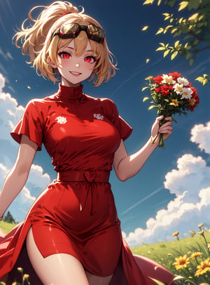 masterpiece, best quality, ((picture perfect)),
evievtber, dis, 1girl, solo, beautiful detailed eyes, glowing eyes, detailed 4k eyes, happy, smile, red ski goggles, reflection in eyes,  hearts around, red eyes, light yellow hair, wavy bob hairstyle, bob cut, short hair, medium breasts, forest, holding flowers, grass, day, red dress,