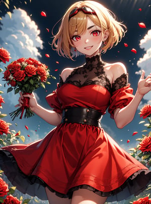 masterpiece, best quality, ((picture perfect)),
evievtber, dis, 1girl, solo, beautiful detailed eyes, glowing eyes, detailed 4k eyes, happy, smile, red ski goggles, reflection in eyes, red eyes, light yellow hair, wavy bob hairstyle, bob cut, short hair, medium breasts, standing, alone, holding a single bouquet of flowers, roses background, black_eyebrows,  looking_at_viewer, red dress, angelical, perfect hands, five fingers 