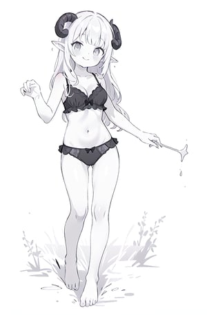 1girl, solo, long hair, breasts, looking at viewer, blush, smile, bangs, simple background, white background, bow, navel, cleavage, bare shoulders, medium breasts, very long hair, closed mouth, underwear, standing, collarbone, panties, monochrome, full body, greyscale, horns, barefoot, pointy ears, hand up, bra, black panties, bare arms, bare legs, underwear only, black bra, bow panties, curled horns, sheep horns