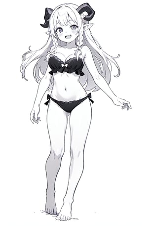 1girl, solo, long hair, breasts, looking at viewer, blush, smile, open mouth, bangs, simple background, white background, bow, navel, cleavage, bare shoulders, medium breasts, standing, monochrome, swimsuit, full body, braid, underwear only, greyscale, lace lingerie, frills, horns, barefoot, pointy ears, bare arms, bare legs, single braid, strapless, side braid, side-tie panties, curled horns, strapless bra