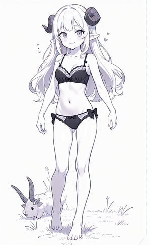 1girl, solo, long hair, breasts, looking at viewer, blush, smile, bangs, simple background, white background, bow, navel, cleavage, bare shoulders, medium breasts, very long hair, closed mouth, underwear, walking, collarbone, panties, monochrome, full body, greyscale, horns, barefoot, pointy ears, joy, bra, black panties, bare arms, bare legs, underwear only, black bra, bow panties, curled horns, sheep horns, grass