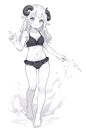 1girl, solo, long hair, breasts, looking at viewer, blush, smile, blunt bangs, simple background, white background, bow, navel, cleavage, bare shoulders, medium breasts, very long hair, closed mouth, underwear, standing, collarbone, panties, monochrome, full body, greyscale, horns, barefoot, pointy ears, hand up, bra, black panties, bare arms, bare legs, underwear only, black bra, bow panties, curled horns, sheep horns