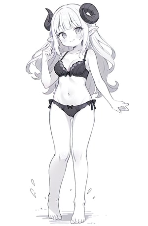 1girl, solo, long hair, breasts, looking at viewer, blush, smile, bangs, simple background, white background, bow, navel, cleavage, bare shoulders, medium breasts, very long hair, closed mouth, underwear, standing, collarbone, panties, monochrome, full body, greyscale, horns, barefoot, pointy ears, hand up, bra, black panties, bare arms, bare legs, underwear only, black bra, side-tie panties, curled horns, sheep horns, curvy_figure 