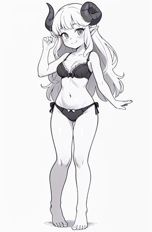 1girl, solo, long hair, breasts, looking at viewer, blush, smile, bangs, simple background, white background, bow, navel, cleavage, bare shoulders, medium breasts, very long hair, closed mouth, underwear, standing, collarbone, panties, monochrome, full body, greyscale, horns, barefoot, pointy ears, hand up, bra, black panties, bare arms, bare legs, underwear only, black bra, side-tie panties, curled horns, sheep horns, curvy_figure