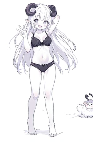 1girl, solo, long hair, breasts, looking at viewer, blush, smile, open mouth, simple background, white background, navel, medium breasts, very long hair, underwear, standing, panties, monochrome, full body, hand behind head, greyscale, horns, barefoot, pointy ears, bra, arm up, underwear only, bow panties, curled horns, sheep horns, sheep girl, peace sign