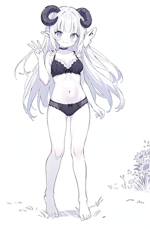 1girl, solo, long hair, breasts, looking at viewer, blush, smile, blunt bangs, simple background, white background, bow, navel, black chocker, cleavage, bare shoulders, medium breasts, very long hair, closed mouth, underwear, standing, collarbone, panties, monochrome, full body, greyscale, horns, barefoot, pointy ears, hand up, bra, black panties, bare arms, bare legs, underwear only, black bra, bow panties, curled horns, sheep horns, grass, flowers, peace sign
