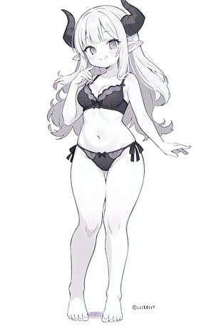 1girl, solo, long hair, breasts, looking at viewer, blush, smile, bangs, simple background, white background, bow, navel, cleavage, bare shoulders, medium breasts, very long hair, closed mouth, underwear, standing, collarbone, panties, monochrome, full body, greyscale, horns, barefoot, pointy ears, hand up, bra, black panties, bare arms, bare legs, underwear only, black bra, side-tie panties, curled horns, sheep horns, curvy_figure, slighty_chubby, chubby_female