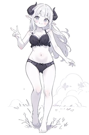 1girl, solo, long hair, breasts, looking at viewer, blush, smile, blunt bangs, simple background, white background, bow, navel, cleavage, bare shoulders, medium breasts, very long hair, closed mouth, underwear, standing, collarbone, panties, monochrome, full body, greyscale, horns, barefoot, pointy ears, hand up, bra, black panties, bare arms, bare legs, underwear only, black bra, bow panties, curled horns, sheep horns, grass, flowers, peace sign