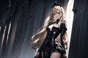 //Character, solo, 1girl, vampire red eyes, long hair, blonde hair, smile, stand
//Fashion, vampiress femdom outfit
//Background, vampire lair
//Quality, (masterpiece), best quality, ultra-high resolution, ultra-high definition, highres, intricate, intricate details, absurdres, highly detailed, finely detailed, ultra-detailed, ultra-high texture quality, natural lighting, natural shadow, dramatic shading, dramatic lighting, vivid colour, perfect anatomy, 
//Others,photo r3al,Esdeath