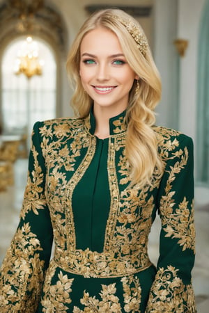 A woman of german descent, beautiful blonde hair, green eyes, perfect beauty, wearing a beautiful executive suit. The dress is intricately embroidered in gold and jewels. smile full of happiness,emo