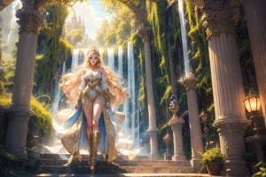 (Fullbody), In the garden of the heavenly kingdom of valhalla filled with citrus trees, a radiant female goddess blonde woman looks like Emilie de Ravin stands tall in her gorgeous high heeled boots. Her golden hair cascades like a waterfall down her shoulders, She is wearing a white golden armor-clad, she is a beacon of strength, wisdom and grace. This stunning portrait captures her determined blue eyes, eternally vigilant against the encroaching darkness. Each brushstroke depicts her noble features with an ethereal glow, transforming the image into a masterpiece of mythical beauty.