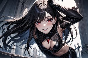 //Character, solo, 1girl, red eyes, long hair, black hair, smile, kicking
//Fashion, vampire femdom outfit, vampire heel boots
//Background, cemetery
//Quality, (masterpiece), best quality, ultra-high resolution, ultra-high definition, highres, intricate, intricate details, absurdres, highly detailed, finely detailed, ultra-detailed, ultra-high texture quality, natural lighting, natural shadow, dramatic shading, dramatic lighting, vivid colour, perfect anatomy, 
//Others,photo r3al,Esdeath