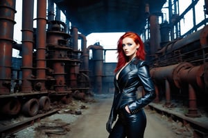 A wild and dominant rich woman of german descent, beautiful red hair, deep blue eyes, perfect beauty, wearing femdom leather studded black suit with black gloves and studded spiked boots. She stands inside an abandoned steel factory at nigh, serious, emo