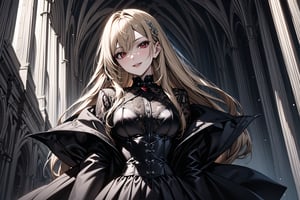 //Character, solo, 1girl, vampire red eyes, long hair, blonde hair, smile, stand
//Fashion, gothic femdom outfit
//Background, vampire lair
//Quality, (masterpiece), best quality, ultra-high resolution, ultra-high definition, highres, intricate, intricate details, absurdres, highly detailed, finely detailed, ultra-detailed, ultra-high texture quality, natural lighting, natural shadow, dramatic shading, dramatic lighting, vivid colour, perfect anatomy, 
//Others,photo r3al,Esdeath