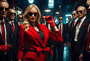 A dominant rich woman of german descent, beautiful blonde hair, perfect eyes, perfect beauty, wearing red executive suit and red gloves and sunglasses. She stands inside a mob club at night,  sadistic smile